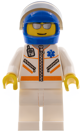 Минифигурка Lego Doctor - Male, Jacket with Zipper and EMT Star of Life, White Legs, Blue Helmet, Trans-Brown Visor, Silver Sunglasses cty0081